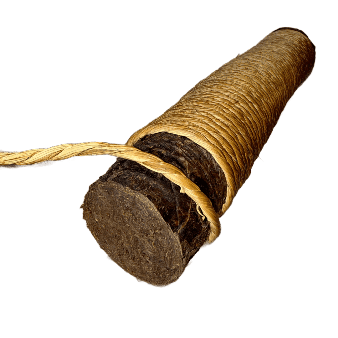 mapacho-roll-loosened-binding-isolated Ecuadorian Mapacho incense roll with a cut end and loosened palm-fiber binding