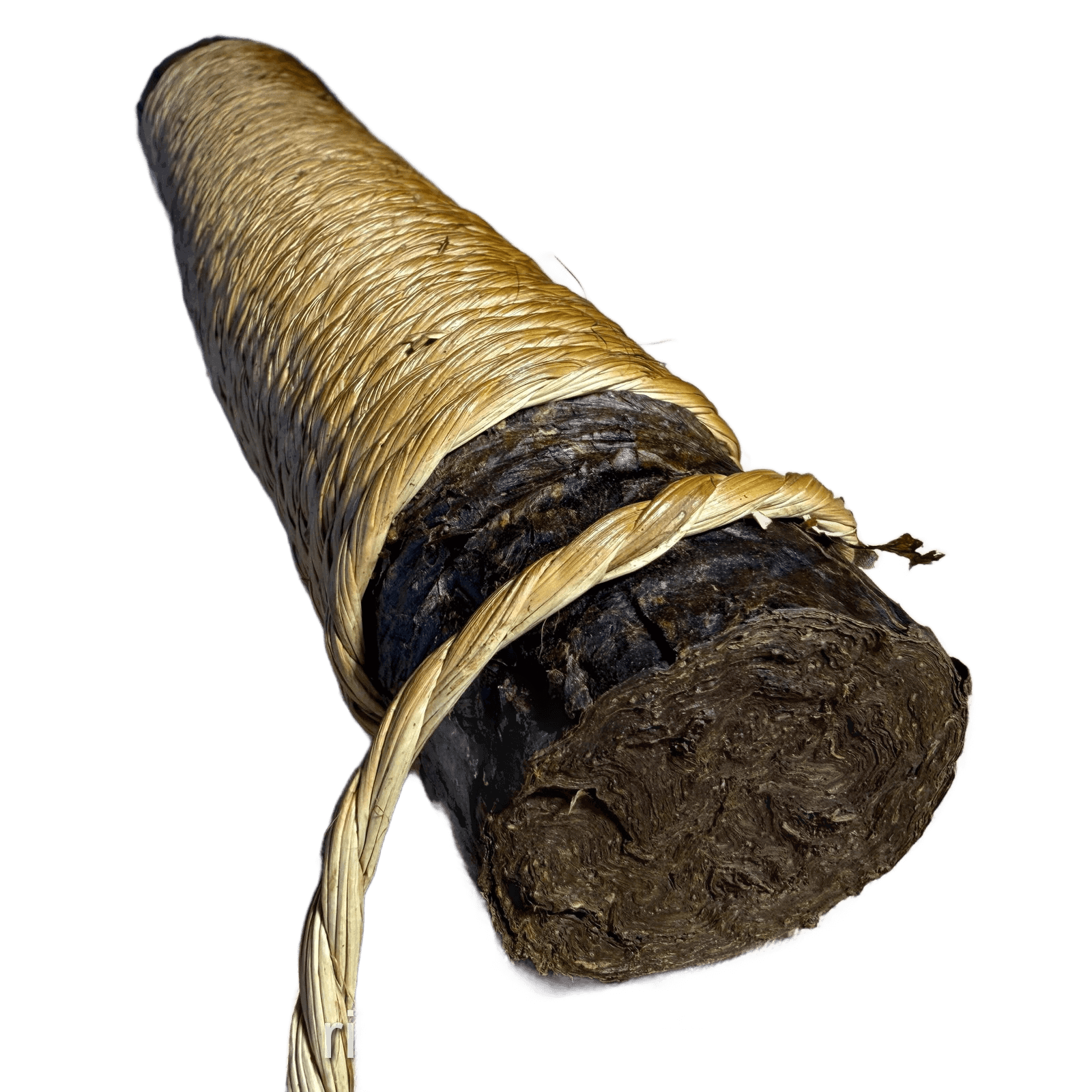 A wrapped Mapacho roll with its dark cut end exposed and binding loosened, with the background removed.